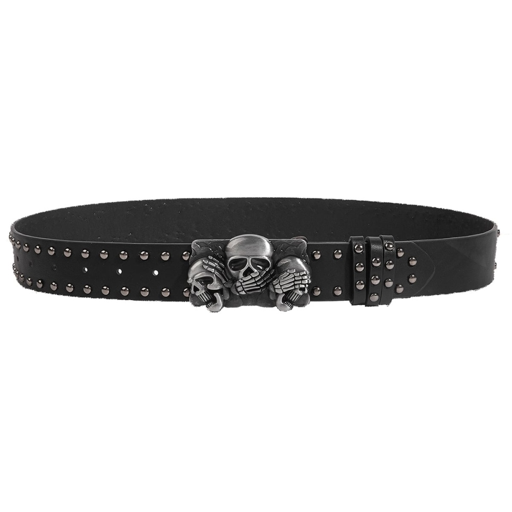 Zac's Alter Ego - PU Studded with Triple Skulls & Skeleton Hands Buckle Ceinture - Noir